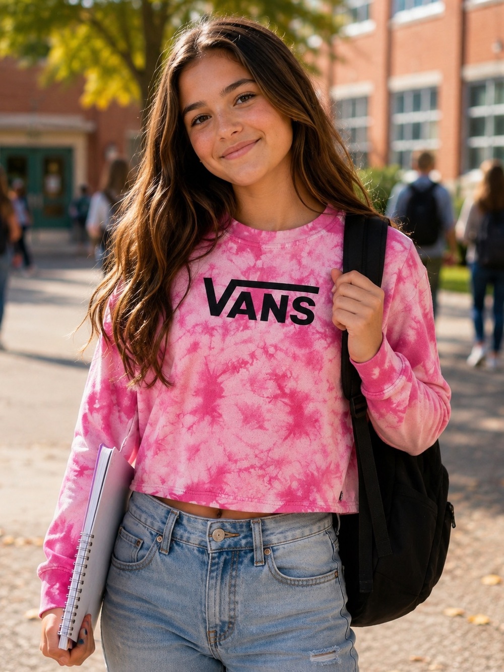 Vans Girls' Pink Tie Dye Logo Cropped Sweatshirt Crew Neck Pullover Size M